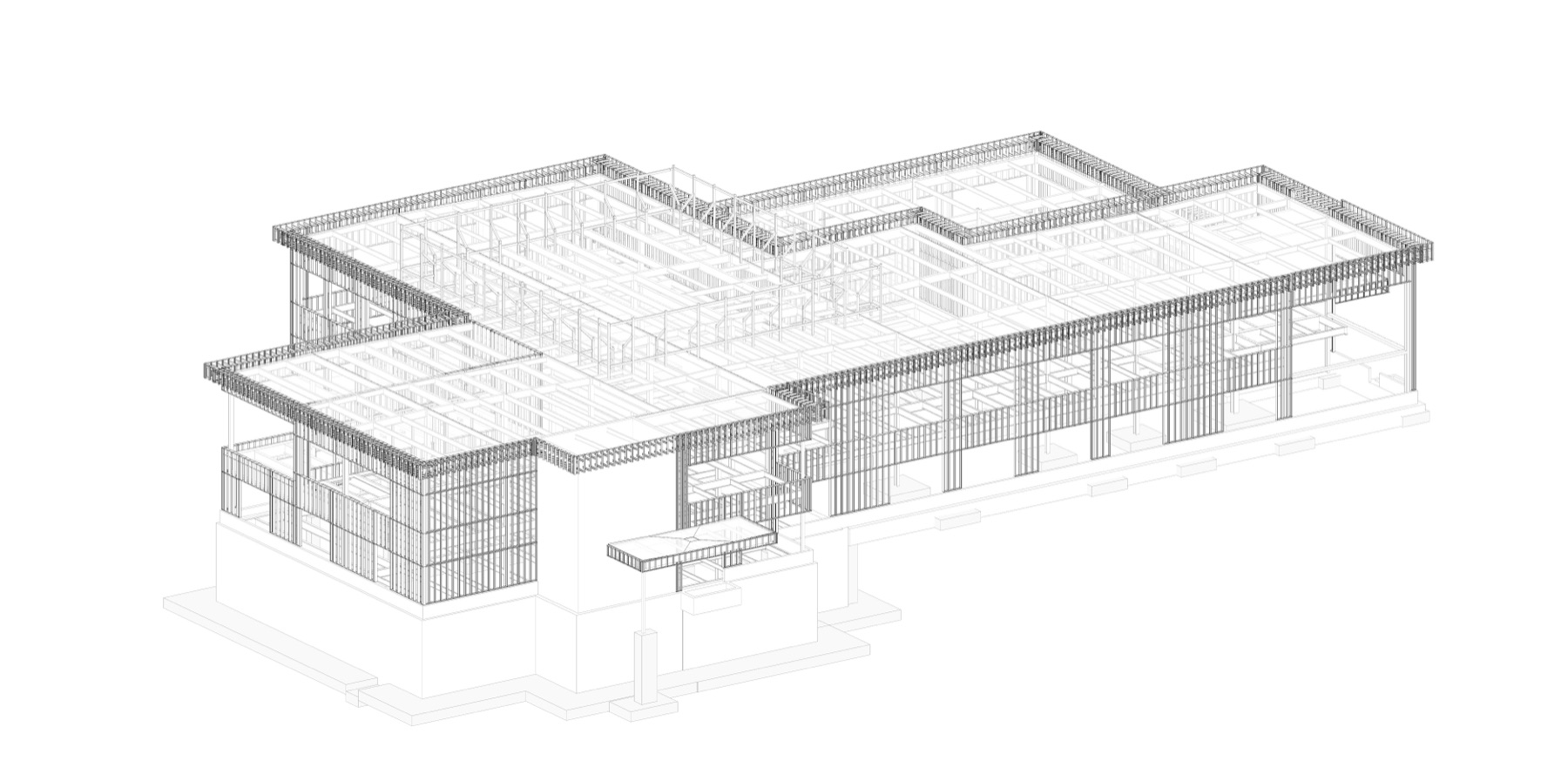 Wireframe cold-formed metal framing model of the same building